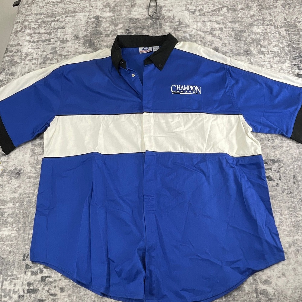 Vtg Champion Boats Mechanic Shirt Spike Sports Mens‎ XXL Color Block Blue White